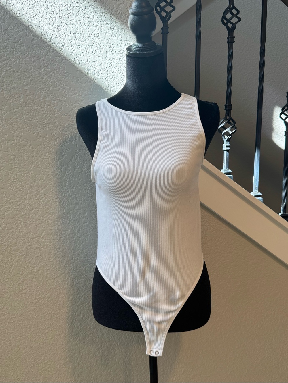 Classic White Ribbed Tank Bodysuit - Sleeveless Scoop Neck